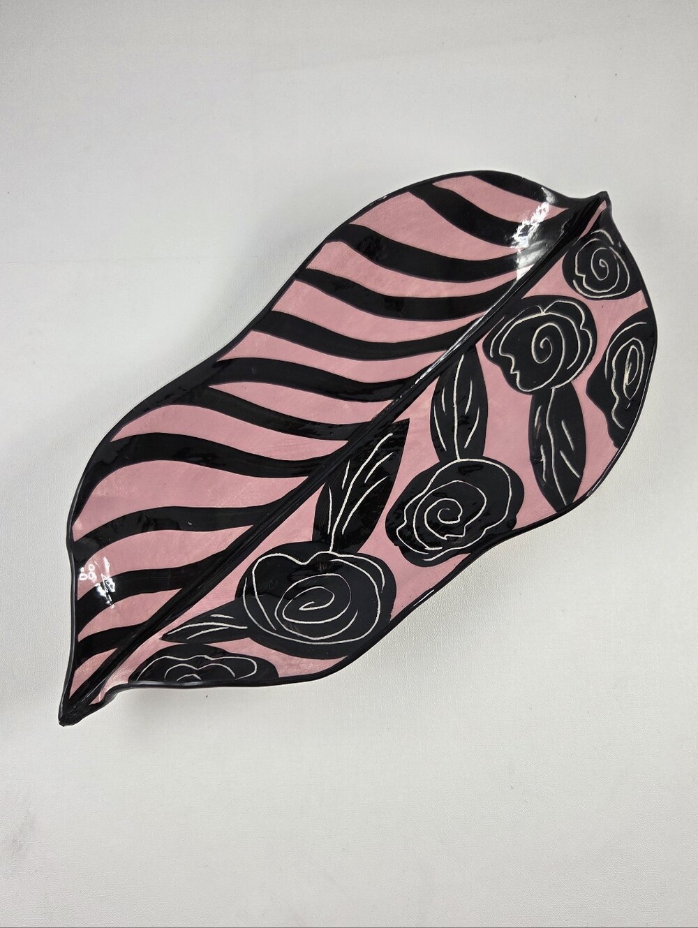 Marie DuBois Signed Studio Pottery Pink & Black Leaf Platter Tray